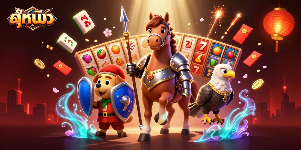 Experience ดูหนังออนไลน์ casino games with a dynamic illustration featuring medieval characters and slot symbols.