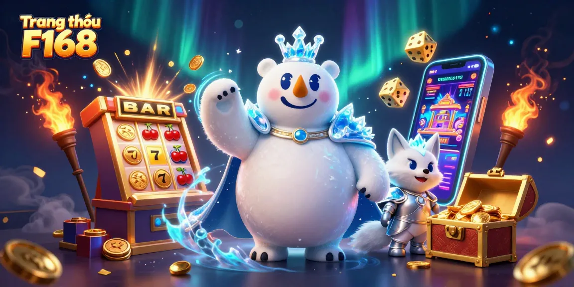 Play exciting games at Trang chủ F168 with a lucky polar bear and silver fox illustration, bursting with casino energy.