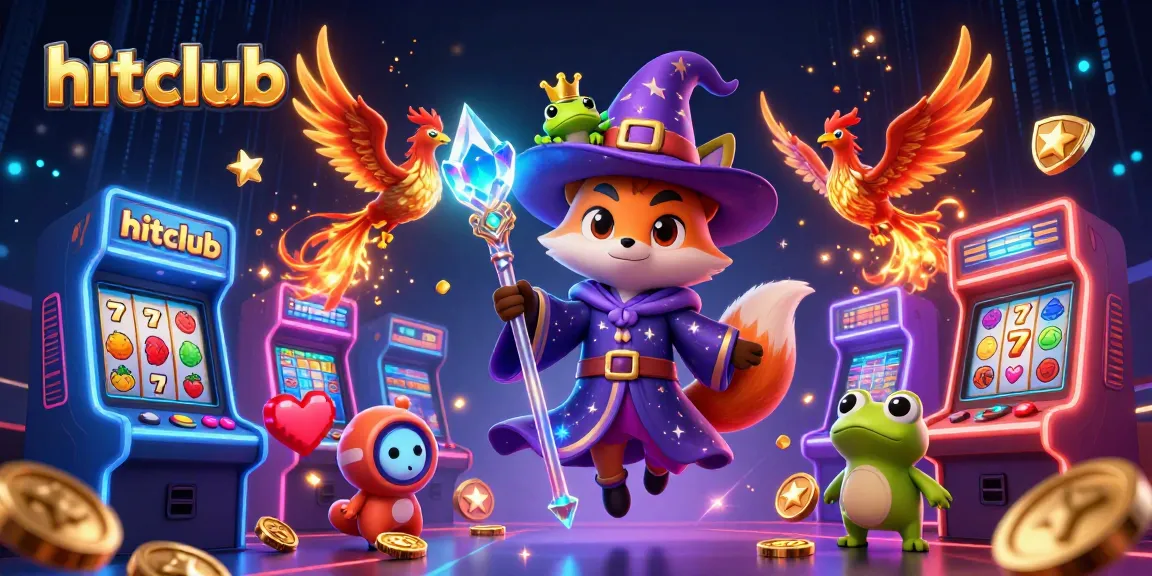 Engage with the hitclub experience featuring a wizard fox, phoenix, and vibrant game elements.