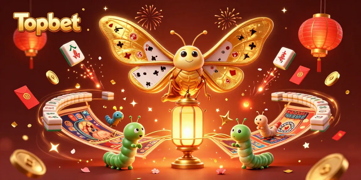 Topbet celebrates with a vibrant 3D casino scene featuring a golden moth and festive elements.