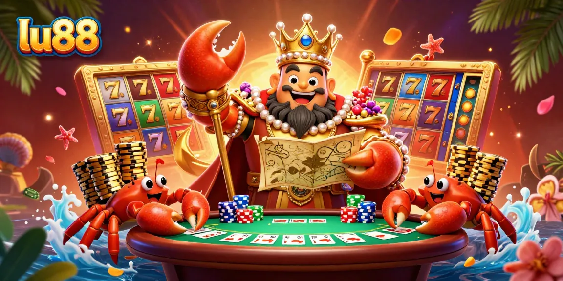 Experience thrilling gameplay at lu88 with colorful slot reels and a vibrant golden crab emperor.